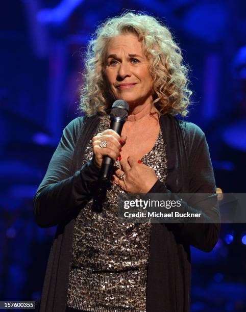 Singer/songwriter Carole King speaks during a celebration of Carole King and her music to benefit Paul Newman's The Painted Turtle Camp at the Dolby...