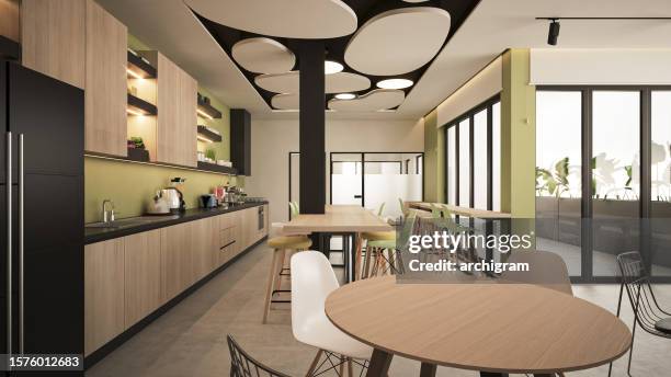interior design. computer generated image of office. kitchen dining and lounge room. architectural visualization. 3d render. stock photo - office kitchen stock pictures, royalty-free photos & images
