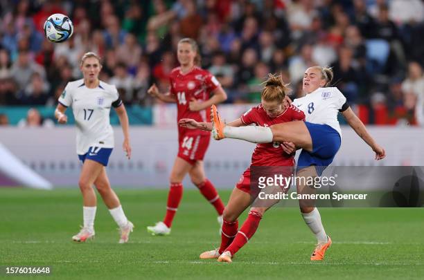 Karen Holmgaard of Denmark and Georgia Stanway of England compete for the ball during the FIFA Women's World Cup Australia & New Zealand 2023 Group D...