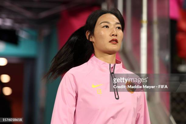 Yang Lina of China PR enters the pitch to warm up prior to the FIFA Women's World Cup Australia & New Zealand 2023 Group D match between China and...
