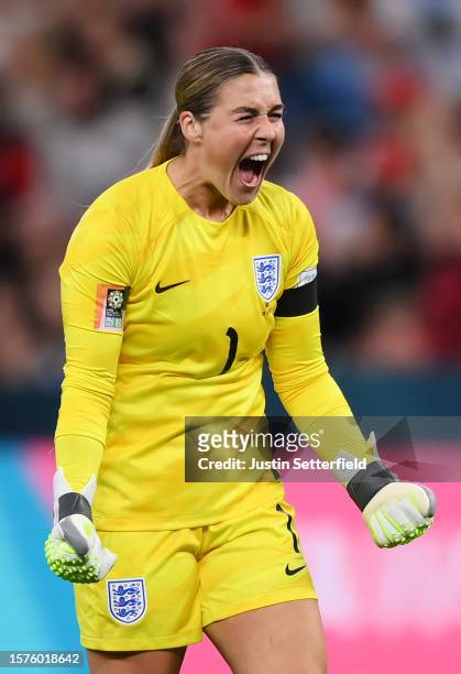 Mary Earps of England celebrates the team's 1-0 victory in the FIFA Women's World Cup Australia & New Zealand 2023 Group D match between England and...