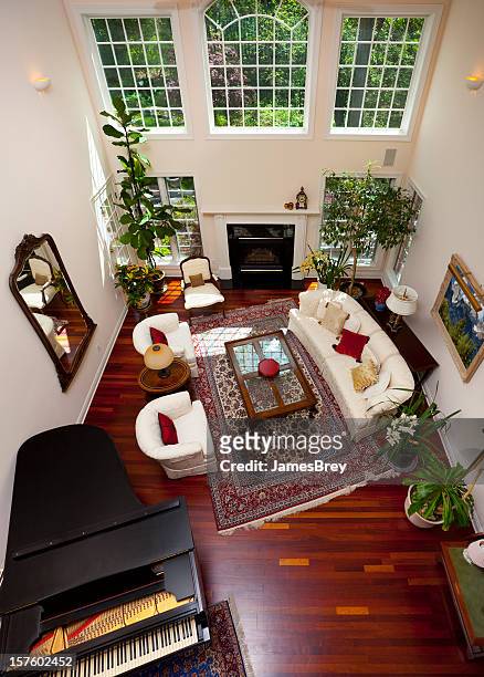 luxury great room with hardwood floor; view from above - feng shui house stock pictures, royalty-free photos & images