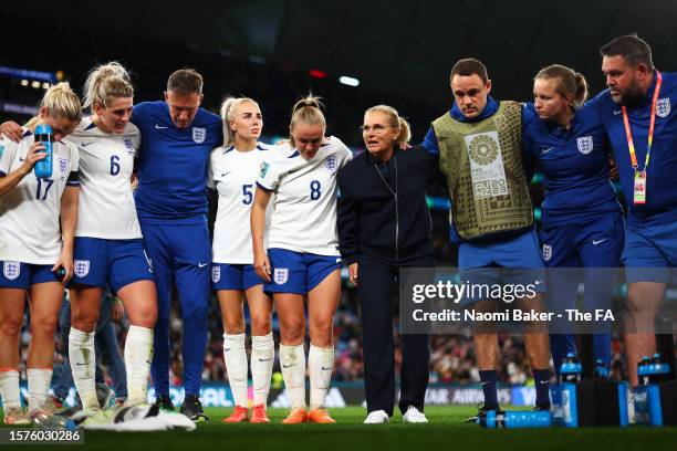 Sarina Wiegman, Manager of England, talks to players as they huddle following the FIFA Women's World Cup Australia & New Zealand 2023 Group D match...