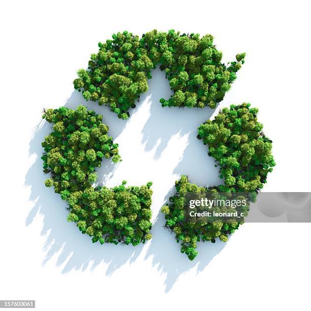 recycle sign made of green trees - leaf forest stockfoto's en -beelden