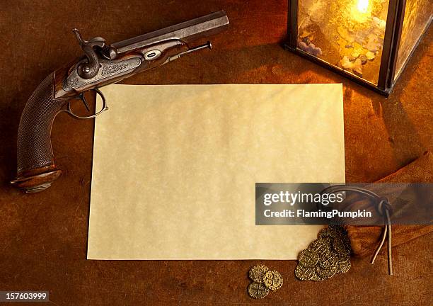 blank paper with antique pistol and gold coins. horizontal. - wanted poster background stock pictures, royalty-free photos & images