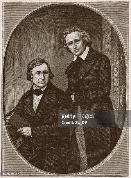 stockillustraties, clipart, cartoons en iconen met brothers wilhelm and jacob grimm, wood engraving, published in 1879 - brother