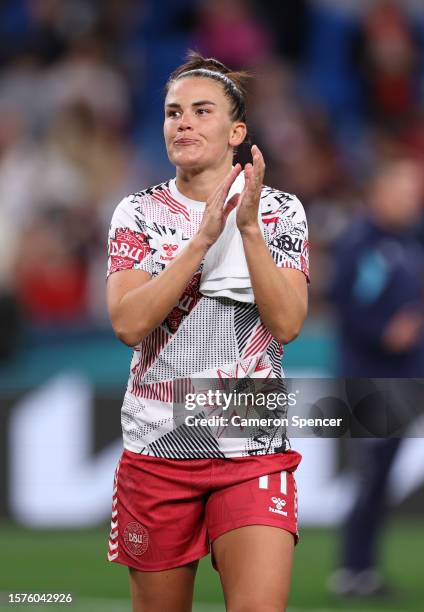 Katrine Veje of Denmark applauds fans after her team's 0-1 defeat in the FIFA Women's World Cup Australia & New Zealand 2023 Group D match between...