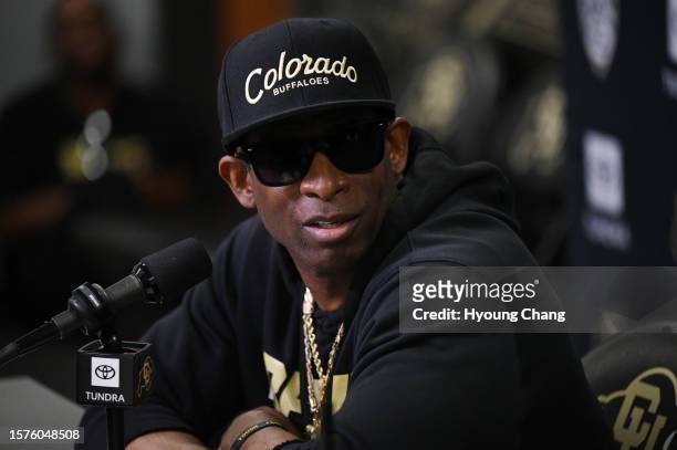 Football head coach Deion Sanders is in the press conference at UCHealth Champions Center In Boulder, Colorado on Friday, August 4, 2023.
