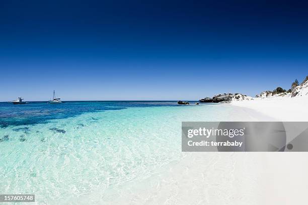 beach with white sand and clear blue water and sky - rottnest island stock pictures, royalty-free photos & images