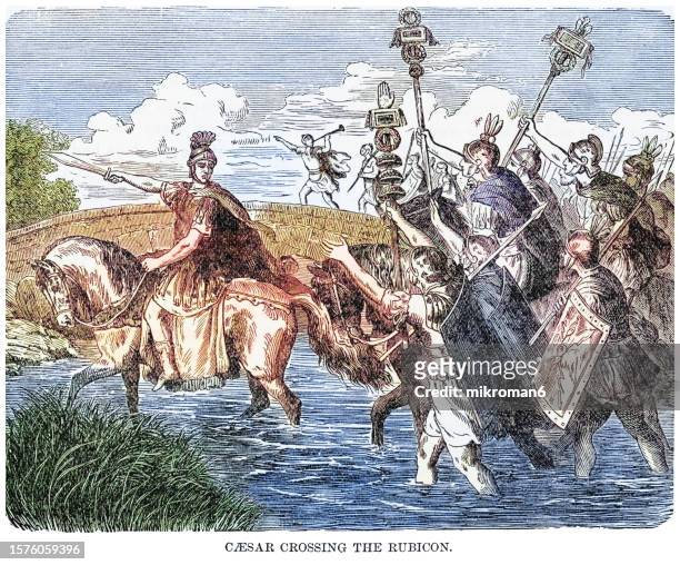 old engraved illustration of gaius julius caesar crossing the rubicon river - gaius julius caesar stock pictures, royalty-free photos & images