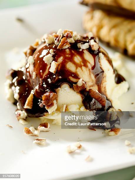 vanilleeis mit schokoladensauce - walnuss eis stock-fotos und bilder