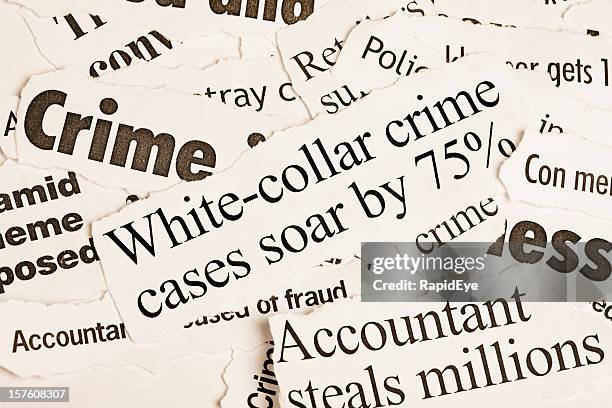 pile of newspaper headlines about white collar crime - newspaper clipping stock pictures, royalty-free photos & images