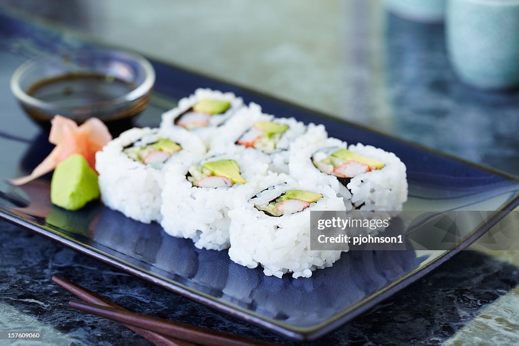 A plate of six California rolls