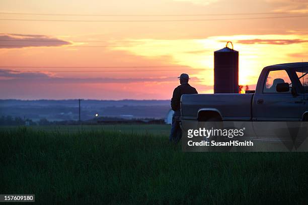 farmer bei sonnenuntergang - pick up truck stock-fotos und bilder