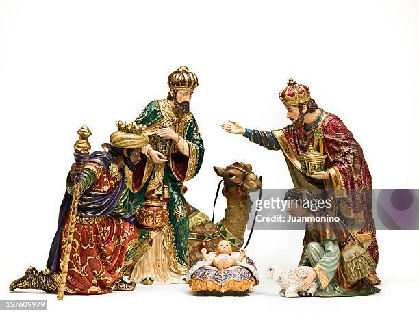 adoration (nativity scene) - nativity scene white background stock pictures, royalty-free photos & images