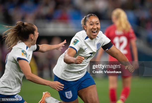 Lauren James of England celebrates scoring with team mate Ella Toone during the FIFA Women's World Cup Australia & New Zealand 2023 Group D match...