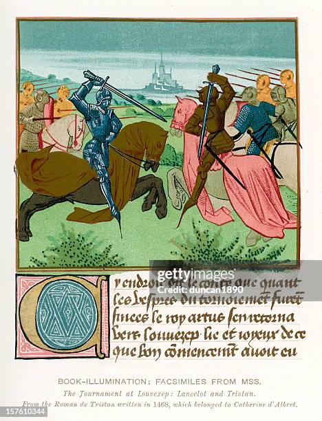 medieval illumination lancelot and tristan - medieval-illuminated-letter stock illustrations