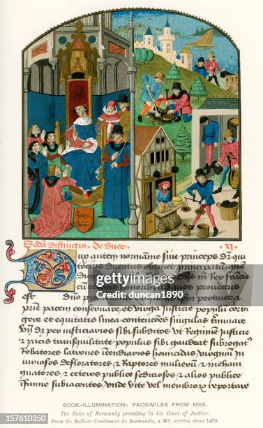 medieval illumination justice in the middle ages - manuscript stock illustrations