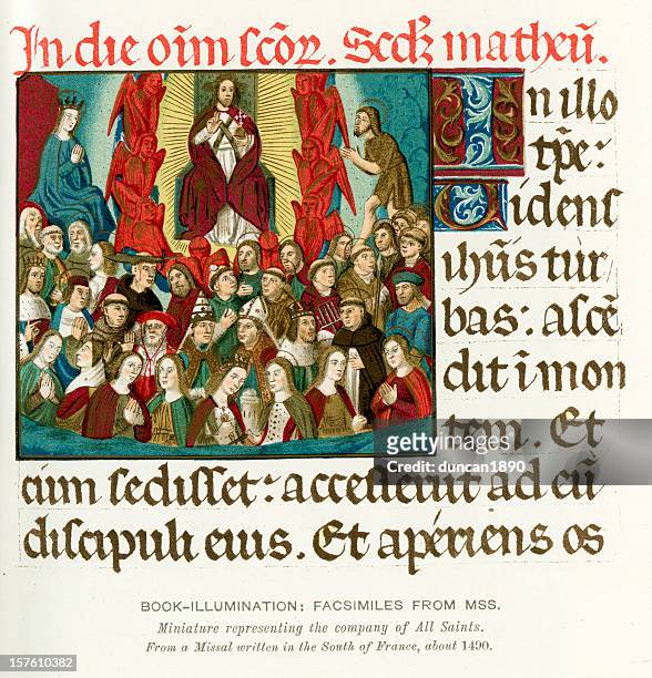 medieval illumination jesus and all the saints - latin script stock illustrations