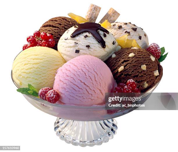 ice cream balls composition in a glass bowl - ice cream sundae stock pictures, royalty-free photos & images