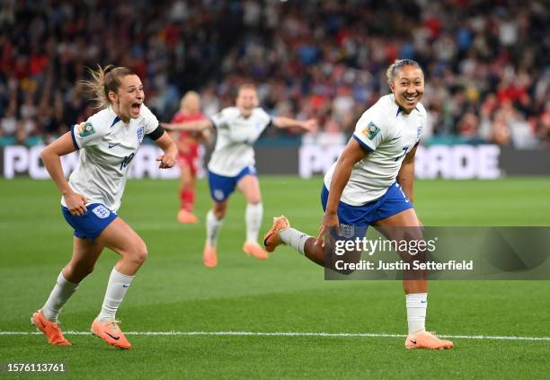 Lauren James of England celebrates after scoring her team's first goal during the FIFA Women's World Cup Australia & New Zealand 2023 Group D match...