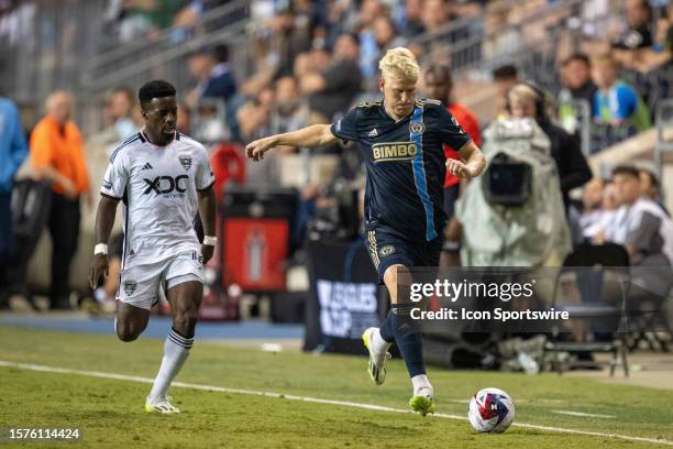 Philadelphia Union defender Jakob Glesnes dribbles past D.C. United midfielder Andy Najar during the Leagues Cup game between D.C.United and the...