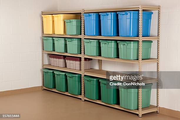 storage containers on shelf - basement stock pictures, royalty-free photos & images