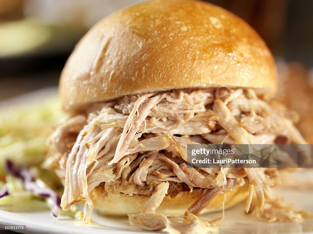 Pulled Pork Sandwich with Coleslaw and Baked Beans