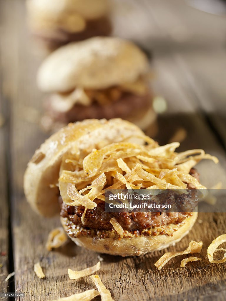 Mini Burgers with Crispy Onions and Grainy Mustard