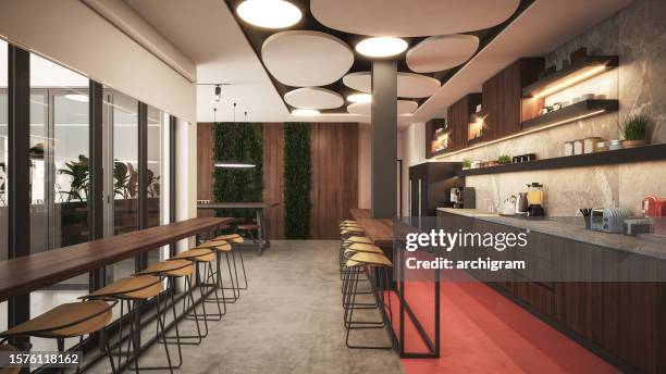 interior design. computer generated image of office. lounge, kitchen and dining room. architectural visualization. 3d render. stock photo - domestic kitchen stock pictures, royalty-free photos & images