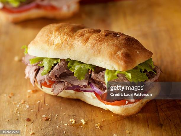 rustic roast beef sandwich - ciabatta stockfoto's en -beelden