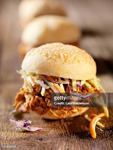 bbq pulled pork sliders with coleslaw - pulled pork stock pictures, royalty-free photos & images