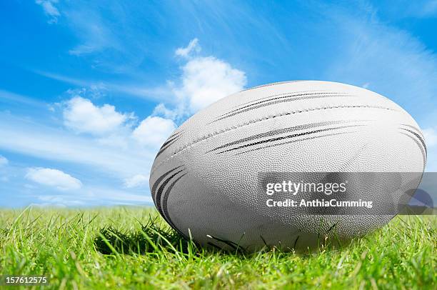 white rugby-ball im grünen gras unter blauen himmel - rugby pitch stock-fotos und bilder