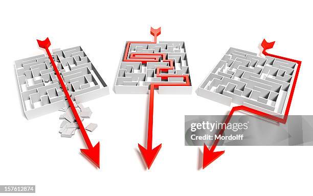 three mazes. different solutions of finding a way. - end to end solution stock pictures, royalty-free photos & images