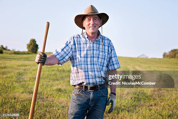senior farmer standing in field - eastern townships quebec stock pictures, royalty-free photos & images