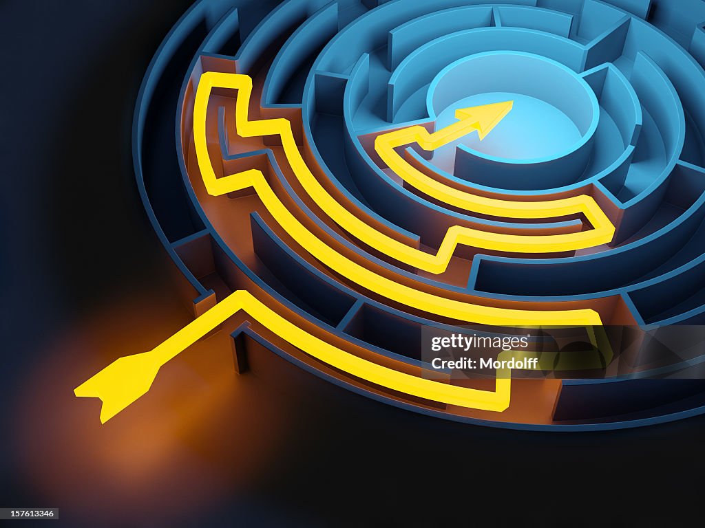 Abstrato Circular labirinto com incandescência solução caminho