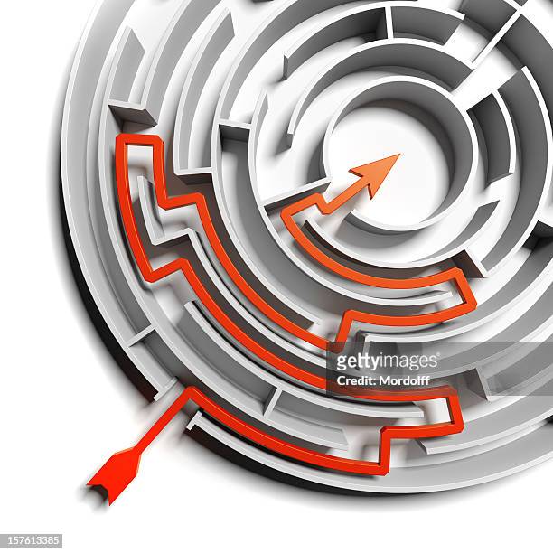 abstract circular labyrinth whit solution - exit sign white background stock pictures, royalty-free photos & images
