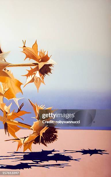 dried milk thistles at the end of summer (oil painting) - milk thistle oil stock illustrations
