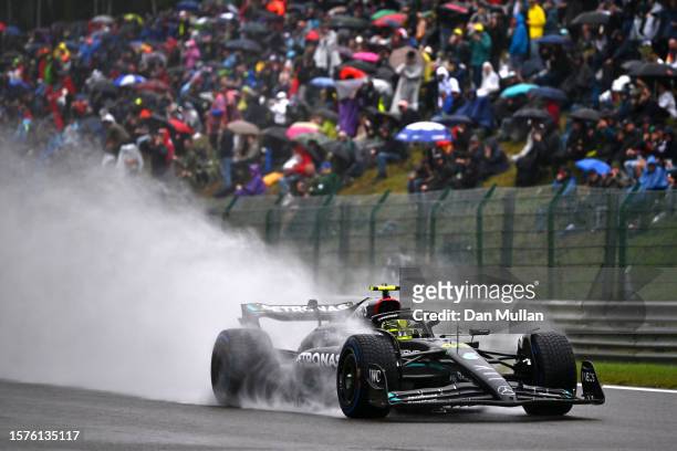 Lewis Hamilton of Great Britain driving the Mercedes AMG Petronas F1 Team W14 in the rain during practice ahead of the F1 Grand Prix of Belgium at...