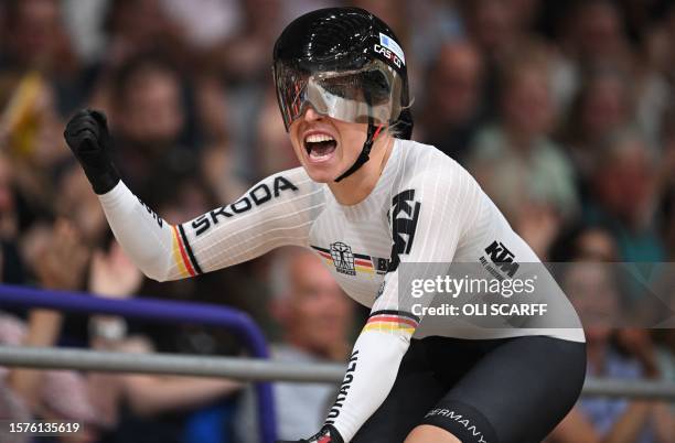 Germany's Emma Hinze celebrates winning the women's Elite 500m time trial Final at the Chris Hoy velodrome during the Cycling World Championships in...