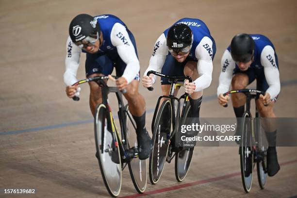 The France team take part in the men's Elite Team Sprint Final at the Sir Chris Hoy velodrome during the Cycling World Championships in Glasgow,...
