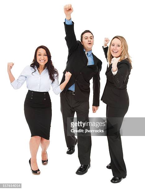 cheering business team - three people on white stock pictures, royalty-free photos & images