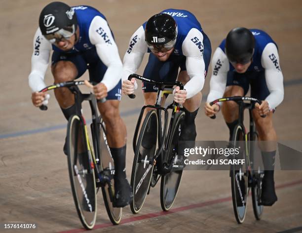 The France team take part in the men's Elite Team Sprint Final at the Sir Chris Hoy velodrome during the Cycling World Championships in Glasgow,...