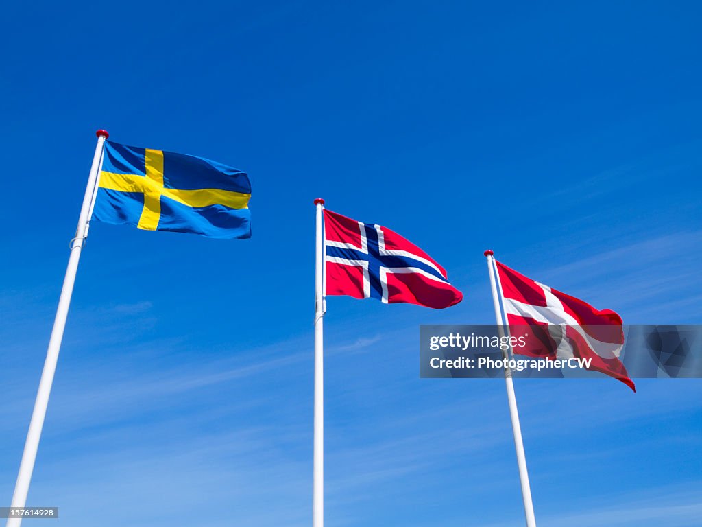 The raised flags or Norway Sweden and Denmark