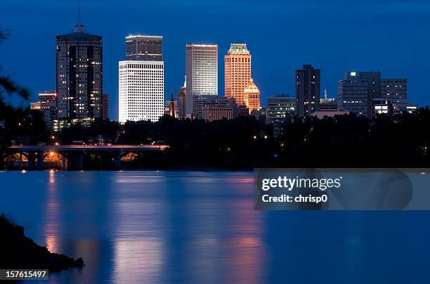 blue landscape of the tulsa, arizona skyline at twilight - tulsa v oklahoma stock pictures, royalty-free photos & images