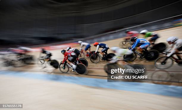Riders compete in the women's Elite Scratch Race Final at the Sir Chris Hoy velodrome during the Cycling World Championships in Glasgow, Scotland on...