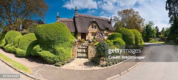 thatched cottage lush summer gardens quiet country village lane panorama - thatched cottage stock pictures, royalty-free photos & images