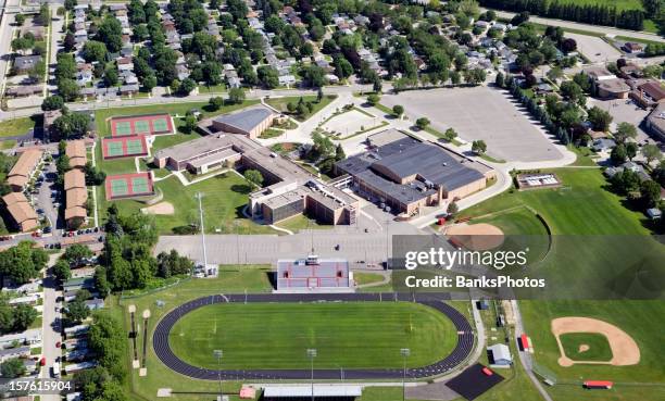 large public high school complex - american football field overhead stock pictures, royalty-free photos & images