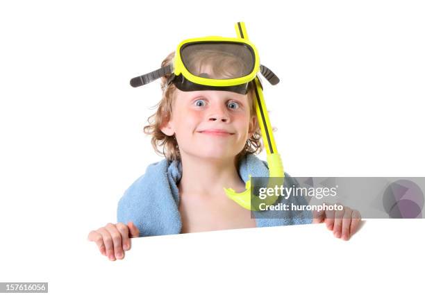 swim boy with sign - snorkel white background stock pictures, royalty-free photos & images