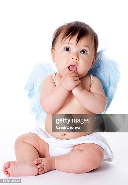 chunky baby dressed in white angel costume - baby angel wings stock pictures, royalty-free photos & images
